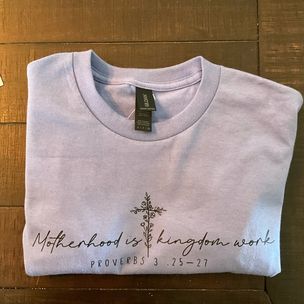 Motherhood is Kingdom Work Graphic Tee Mother’s Day S M L XL periwinkle handmade - Picture 5 of 5